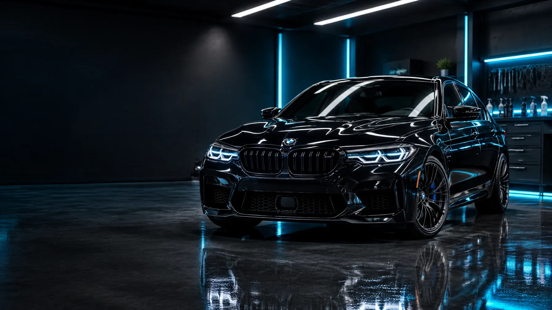 A polished black vehicle in a premium detailing studio